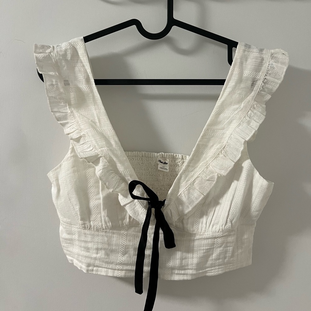 Planet Blue White Ruffle Tie-Front Crop Top with Black Bow